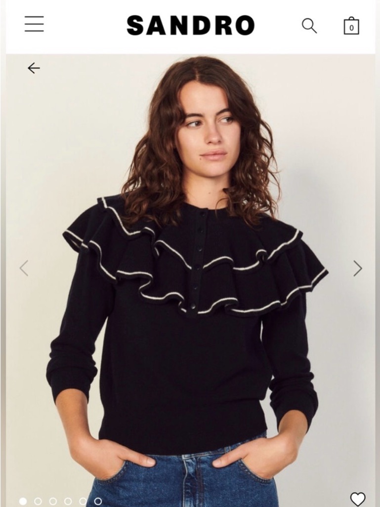 Sandro Black Knit Sweater With White-Trim Ruffle Yoke